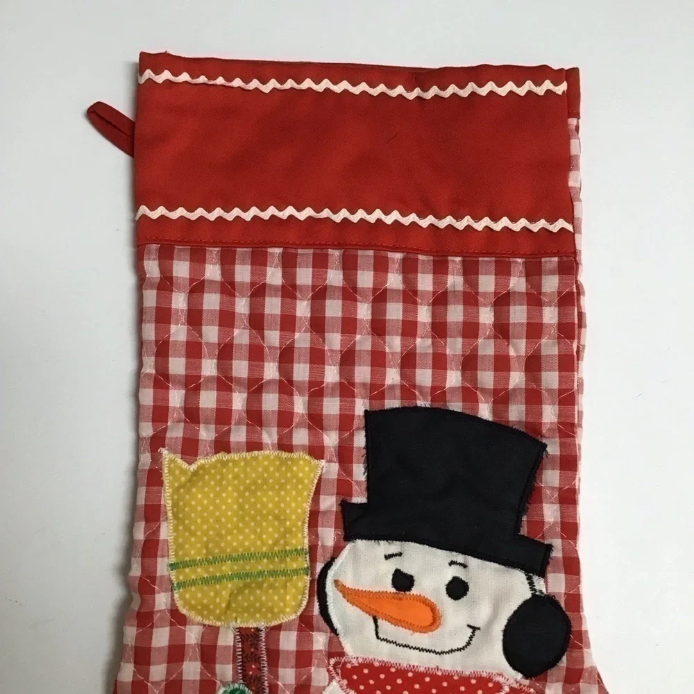 Vintage 80s Snowman Christmas Stocking Quilted Applique Handmade Red Gingham 18”
